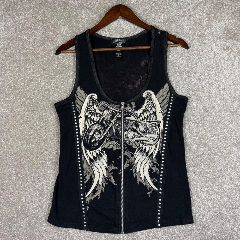 Los Angeles Bus Stop Womens Motorcycle Winged Rhinestone Zip Front Tank Top M